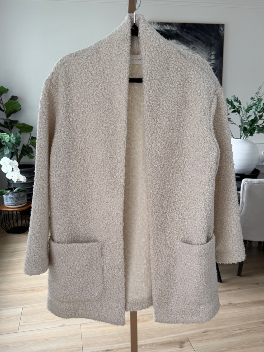 Self Contrast Ivory Bouclé Coatigan